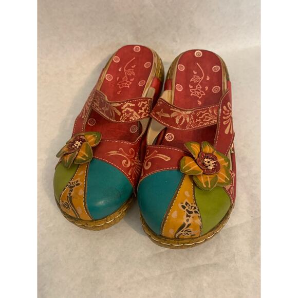 Skye Trubelle  Leather Red Platform Clogs Slippers On Floral Size 39 Boho US 9 - Picture 1 of 9